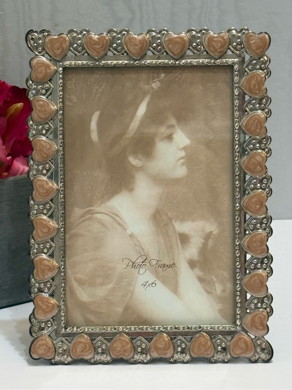 Ornate Silver & Pink Enamel Heart Picture Frame 4x6 Vintage Style Romantic